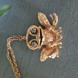 Vintage 70s Gold Rhinestone Frog Runway Statement Necklace